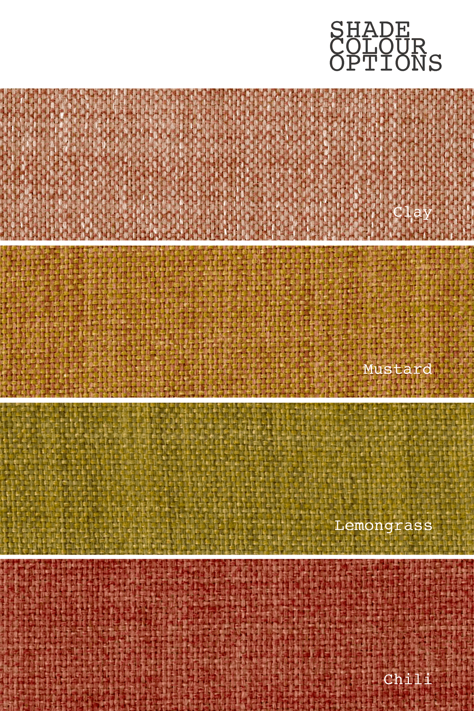 Color swatches labeled 'Clay', 'Mustard', 'Lemongrass', and 'Chilli' on a textured fabric background.