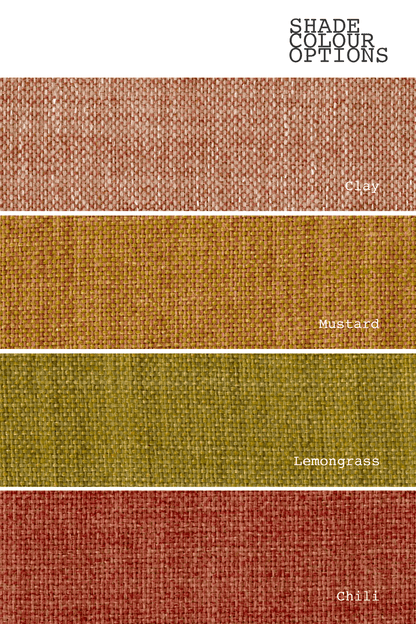 Color swatches labeled 'Clay', 'Mustard', 'Lemongrass', and 'Chilli' on a textured fabric background.