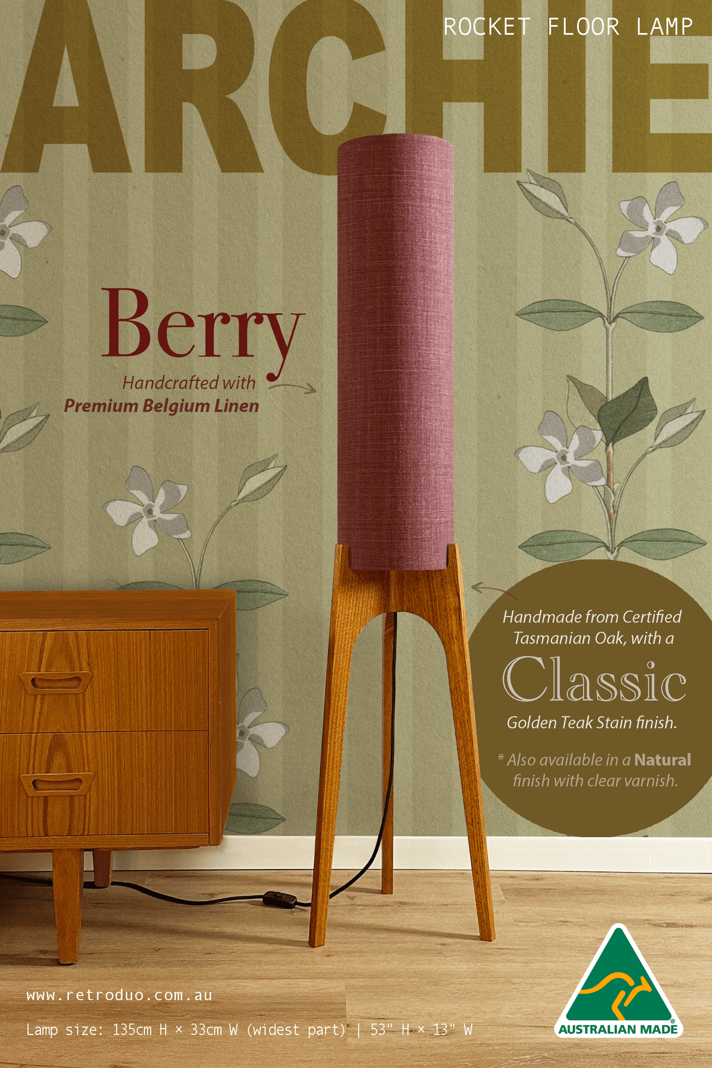 Berry - Premium Linen | Archie Rocket Floor Lamp - Mid - Century Modern inspired handmade Floor Lamp by Retro Duo.