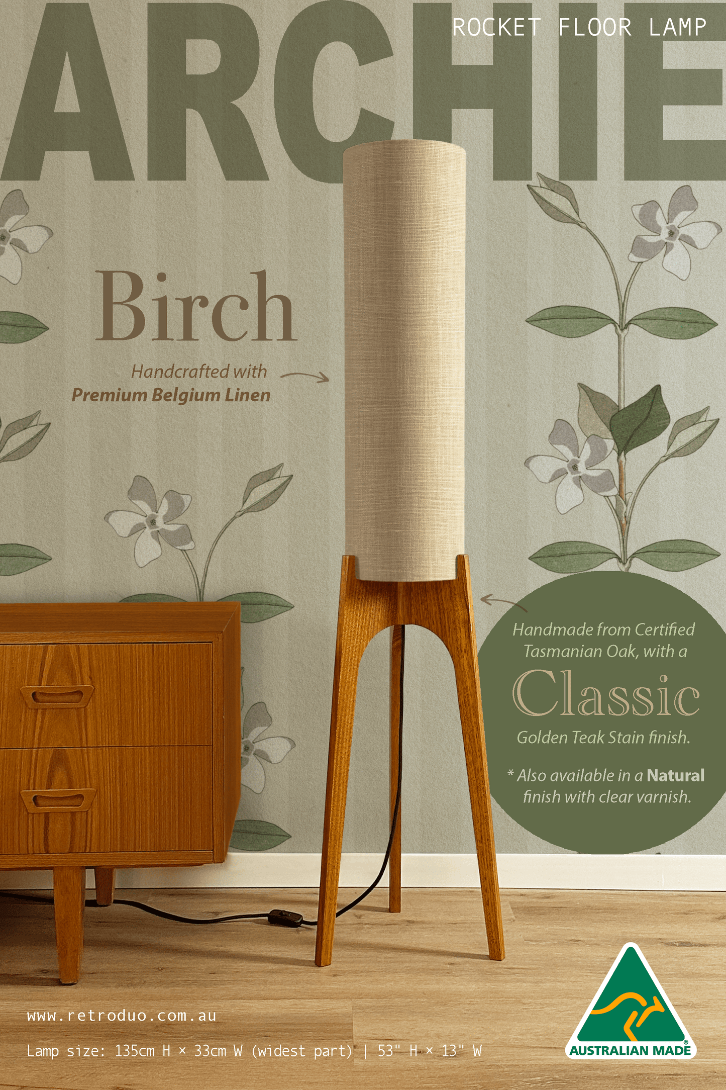 Birch - Premium Linen | Archie Rocket Floor Lamp - Mid - Century Modern inspired handmade Floor Lamp by Retro Duo.