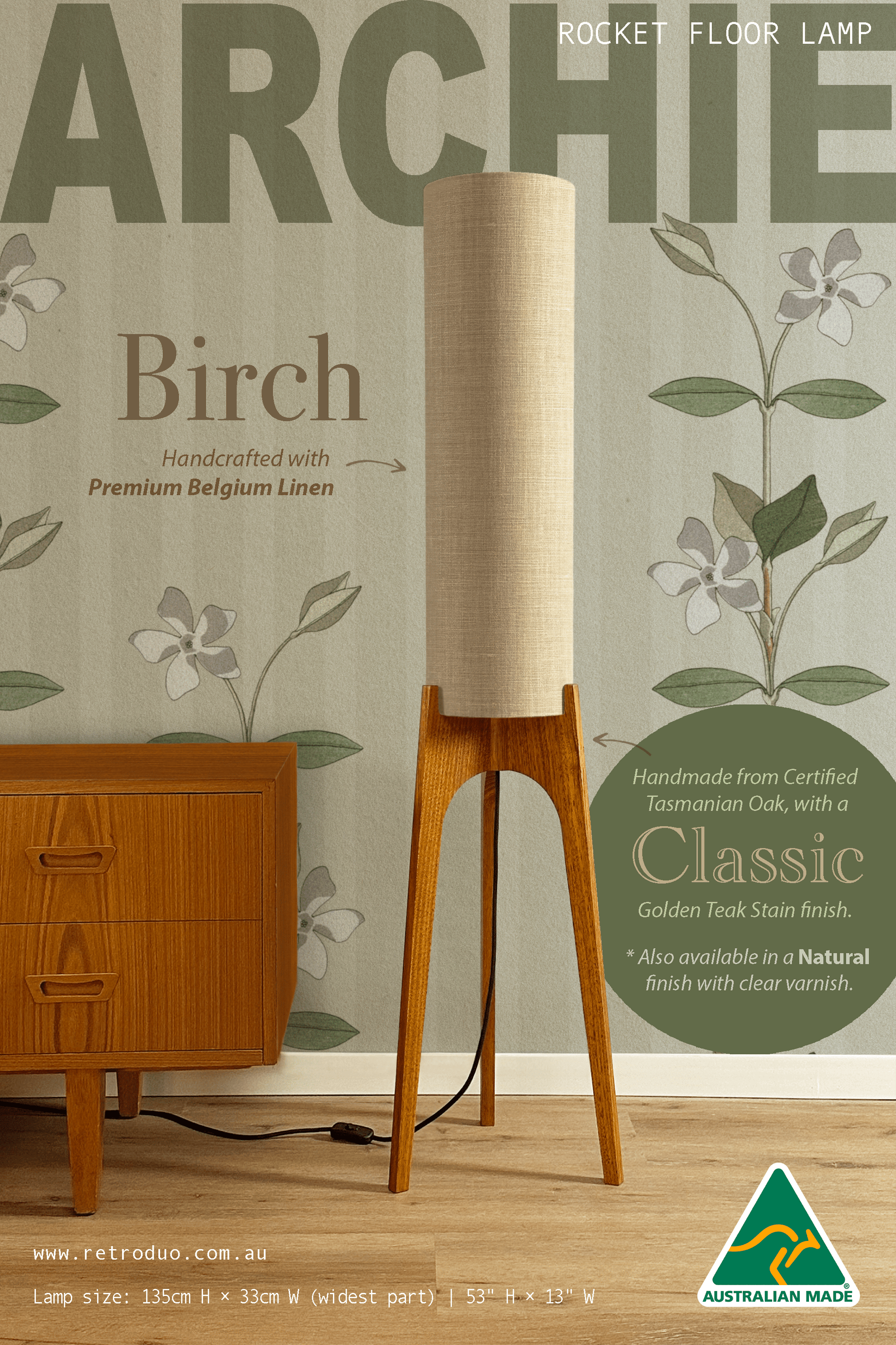 Birch - Premium Linen | Archie Rocket Floor Lamp - Mid - Century Modern inspired handmade Floor Lamp by Retro Duo.