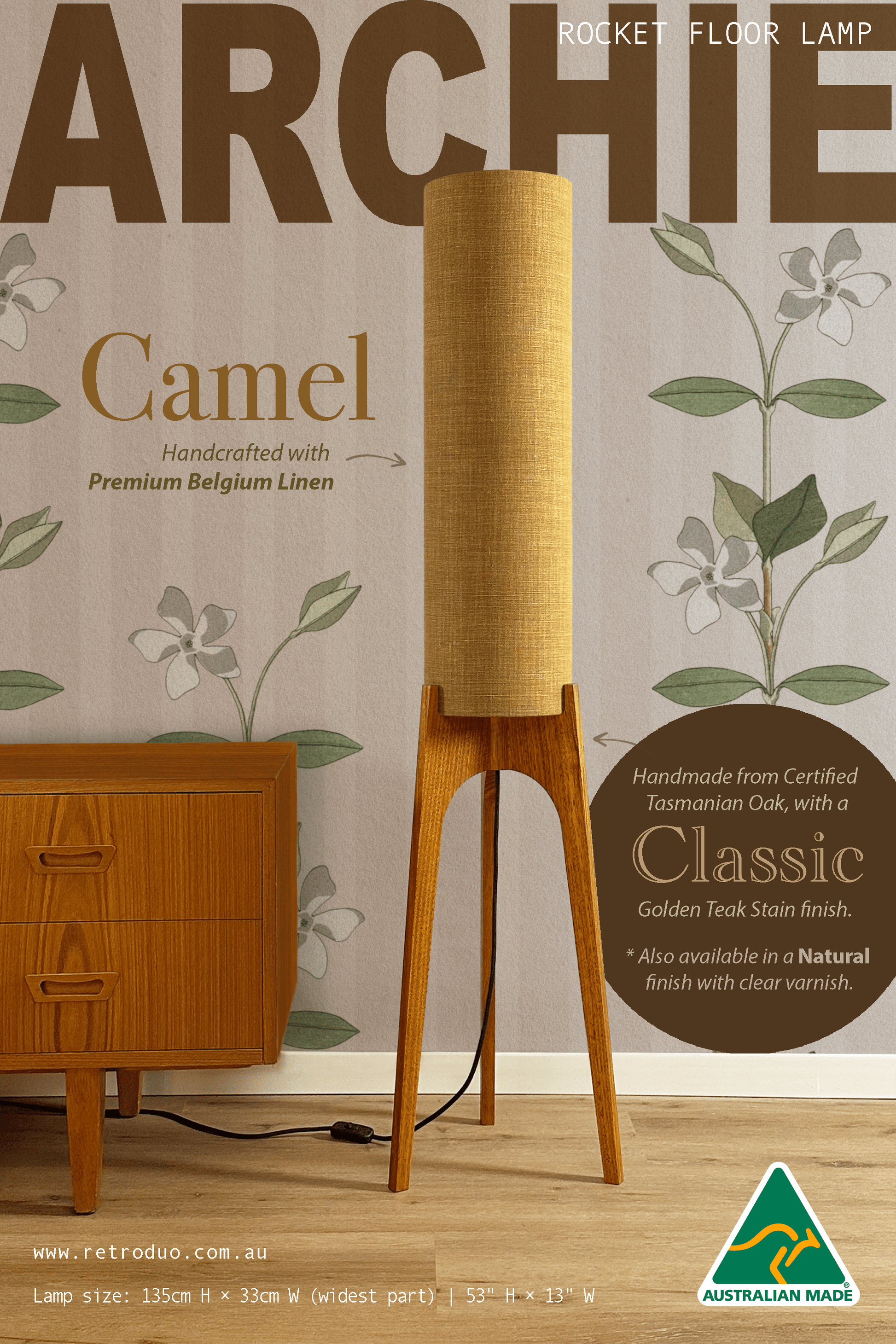 Camel - Premium Linen | Archie Rocket Floor Lamp - Mid - Century Modern inspired handmade Floor Lamp by Retro Duo.
