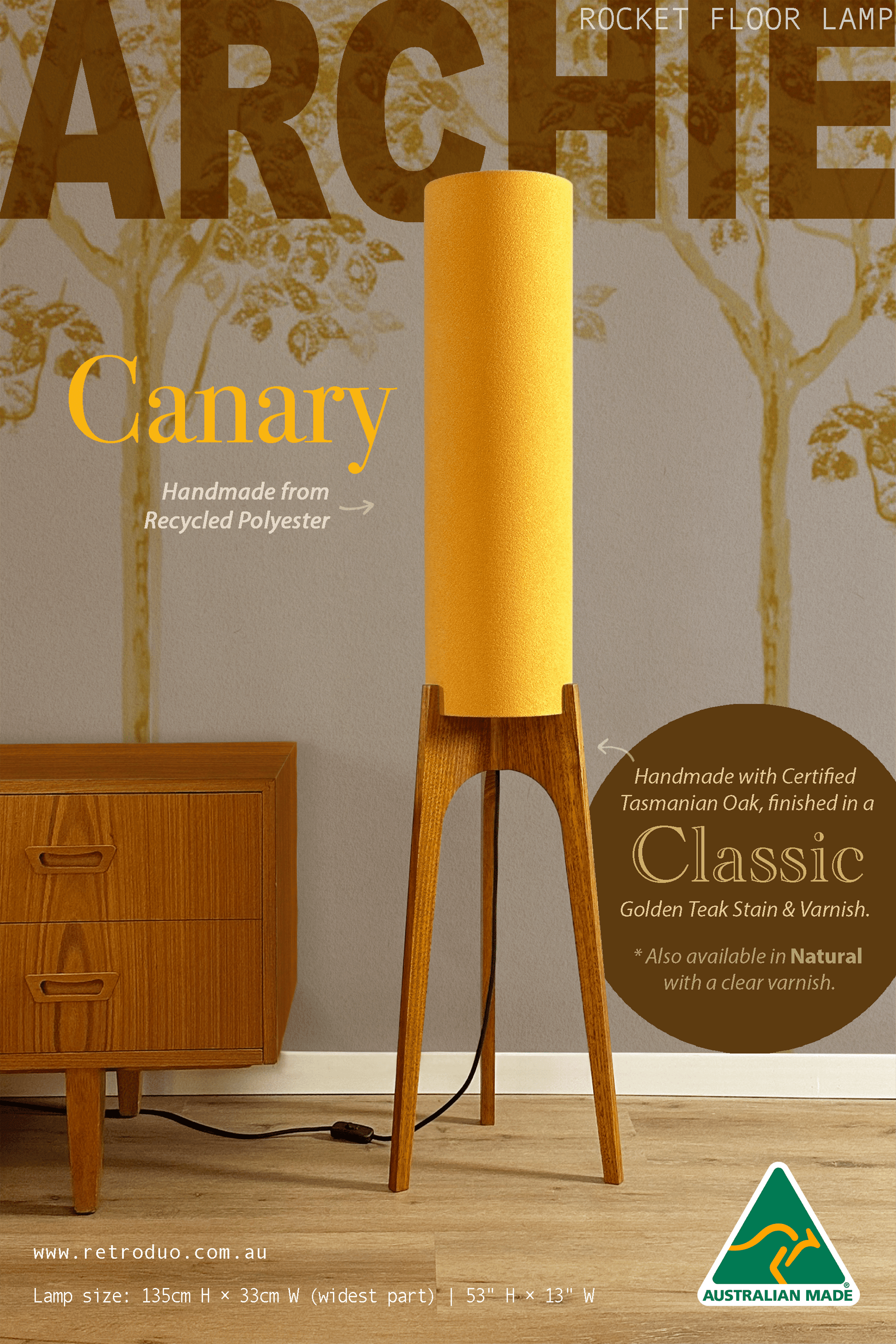 Canary - Recycled Fabric | Archie Rocket Floor Lamp - Mid - Century Modern inspired handmade Floor Lamp by Retro Duo.