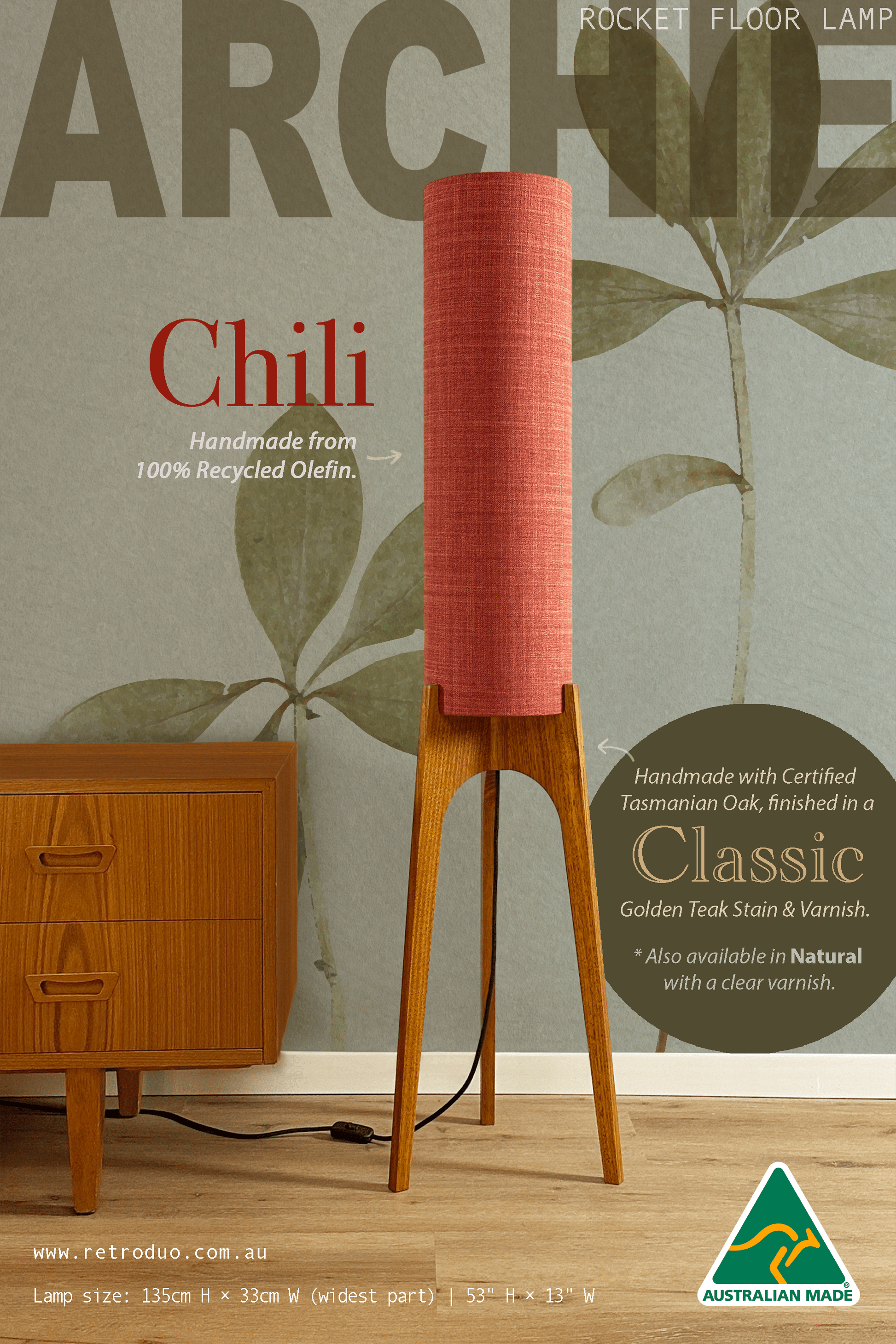 Chili - Recycled Fabric | Archie Rocket Floor Lamp - Mid - Century Modern inspired handmade Floor Lamp by Retro Duo.
