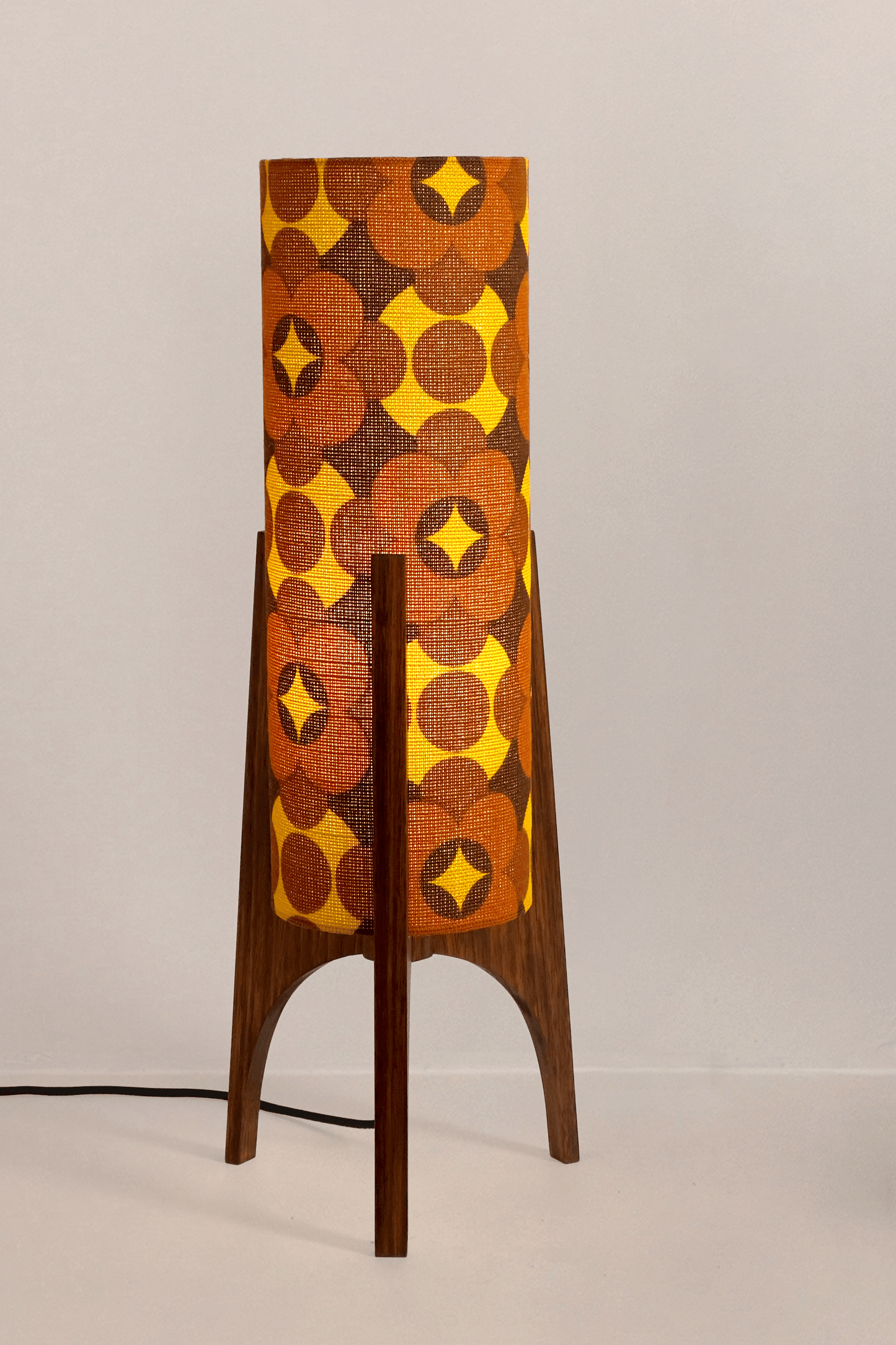 Coco - Archie Rocket Table lamp with a vintage geometric patterned fabric shade on a wooden base