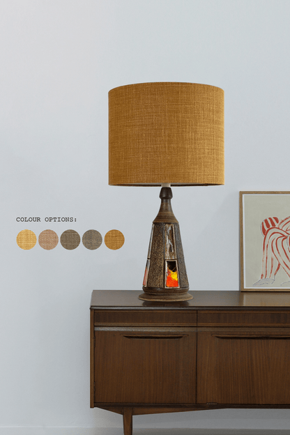 Earth-Tone | Drum Handmade Lampshade in Premium Linen. Available in Wheat, Nectar, Tussock, Mocha, and Camel — all from the Linia – Davina Collection by Warwick Fabrics.