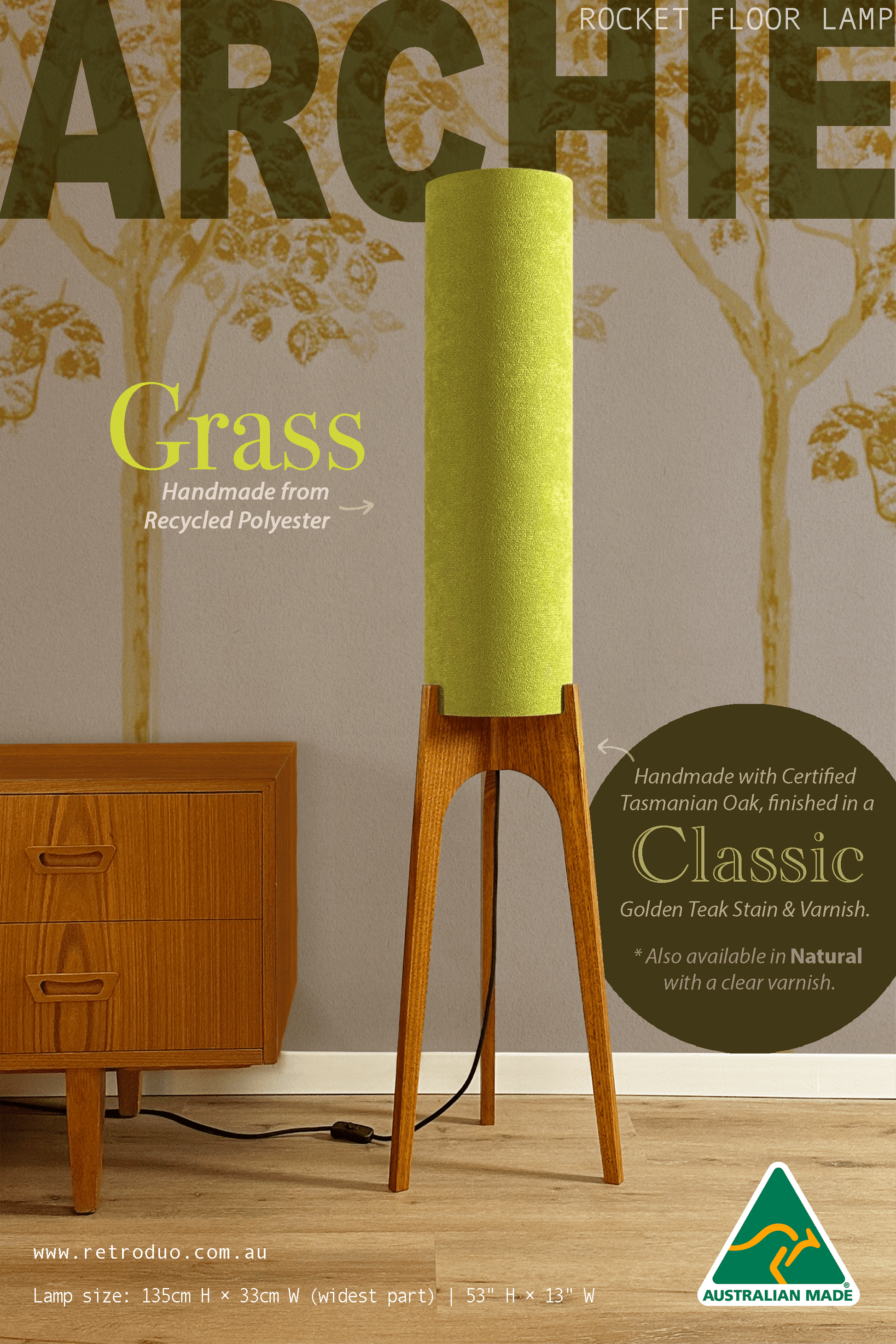 Grass - Recycled Fabric | Archie Rocket Floor Lamp - Mid - Century Modern inspired handmade Floor Lamp by Retro Duo.