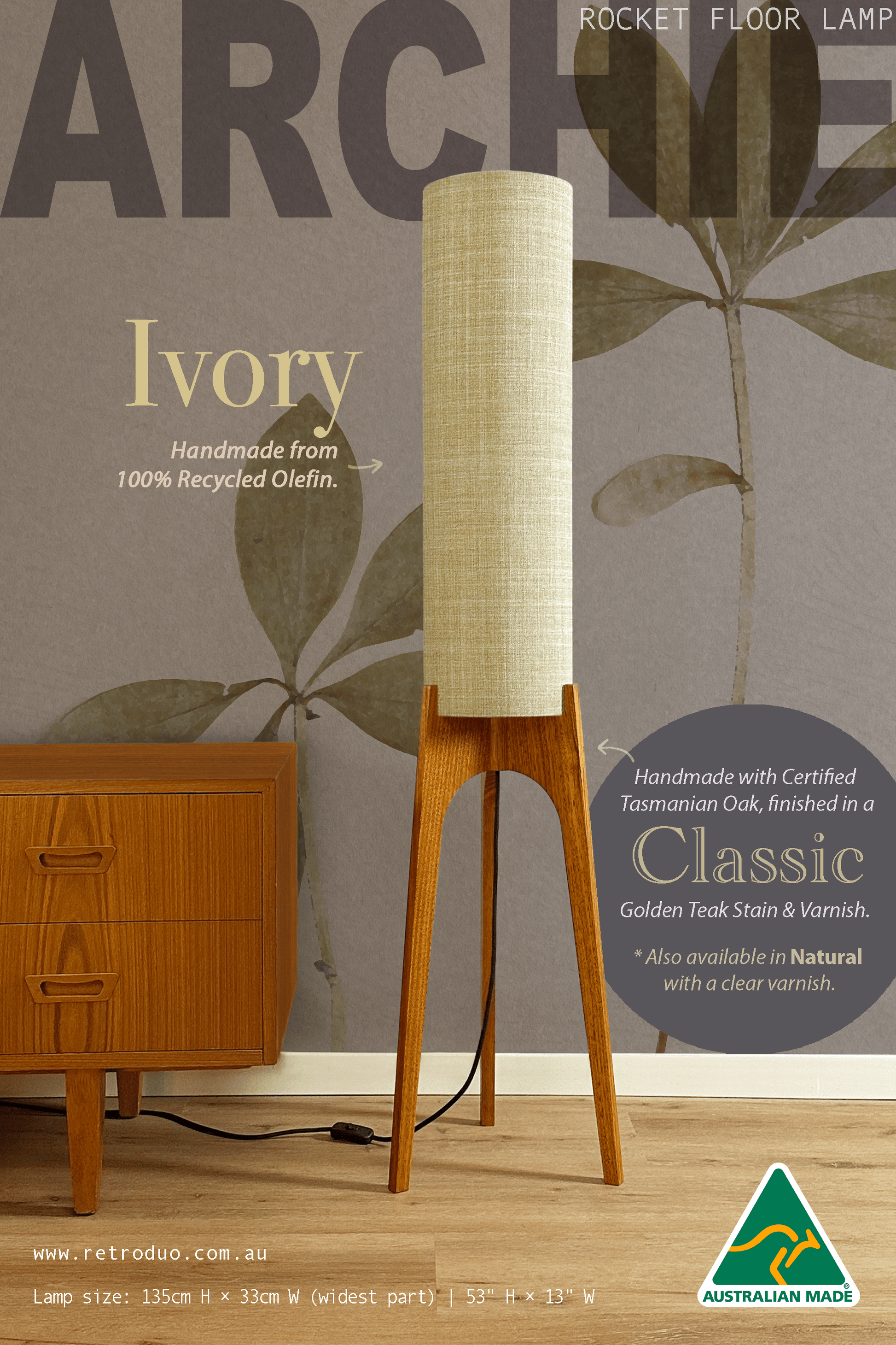 Ivory - Recycled Fabric | Archie Rocket Floor Lamp - Mid - Century Modern inspired handmade Floor Lamp by Retro Duo.