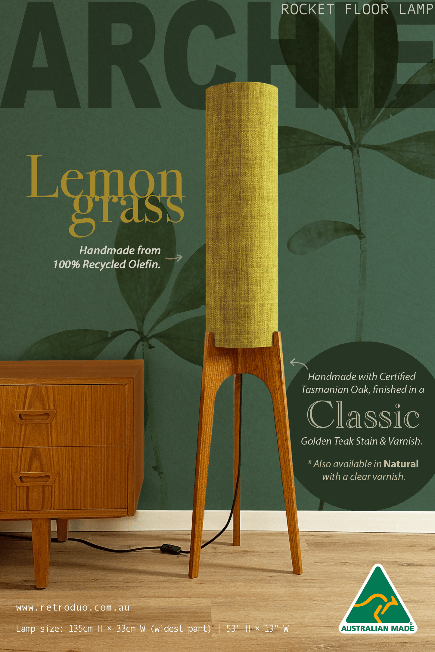 Lemongrass - Recycled Fabric | Archie Rocket Floor Lamp - Mid - Century Modern inspired handmade Floor Lamp by Retro Duo.