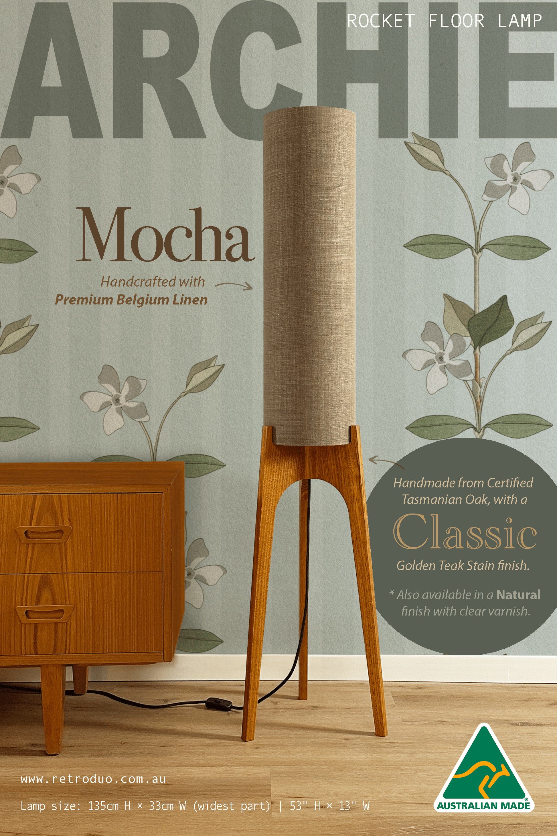 Mocha - Premium Linen | Archie Rocket Floor Lamp - Mid - Century Modern inspired handmade Floor Lamp by Retro Duo.