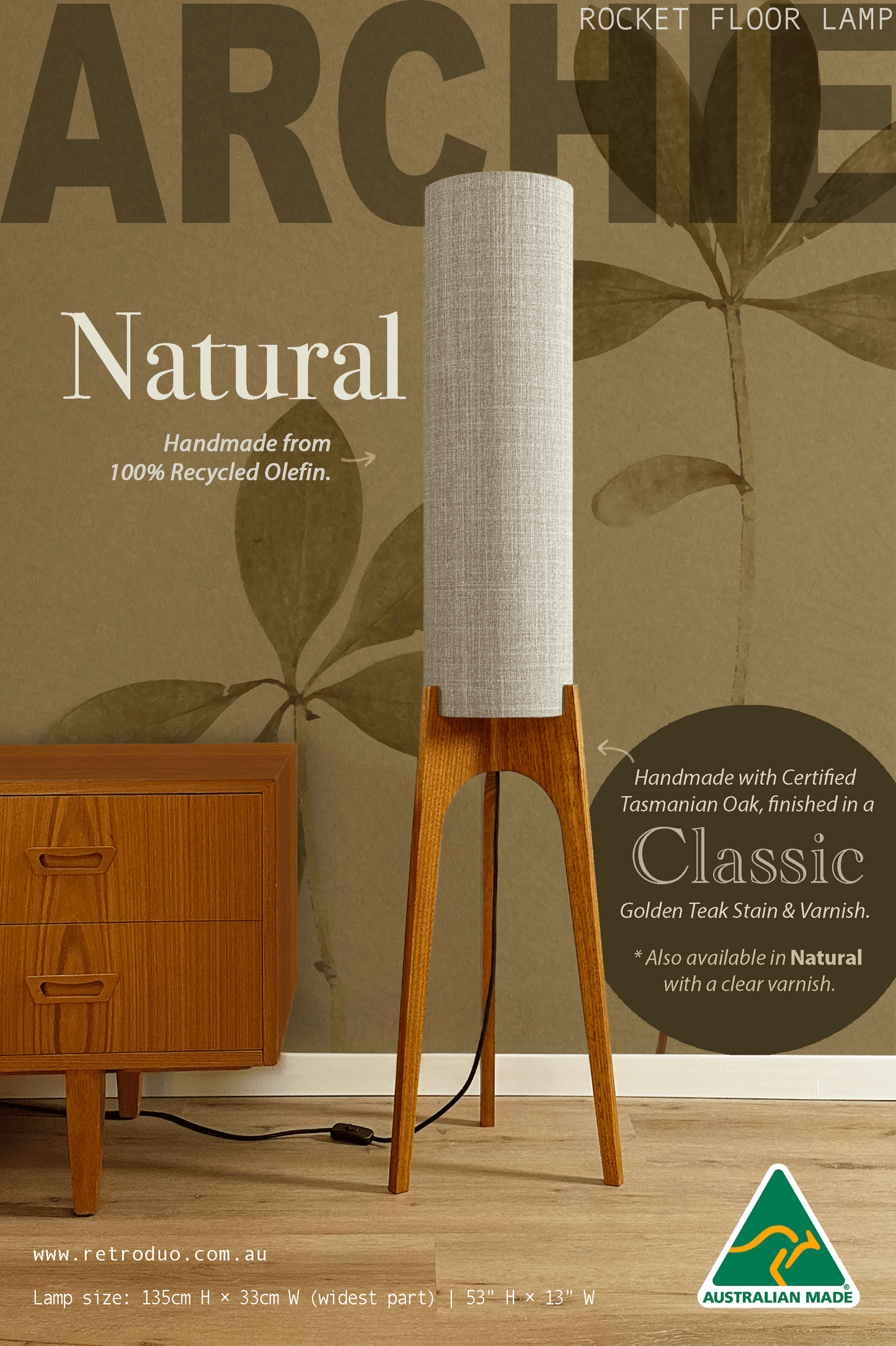 Natural - Recycled Fabric | Archie Rocket Floor Lamp - Mid - Century Modern inspired handmade Floor Lamp by Retro Duo.