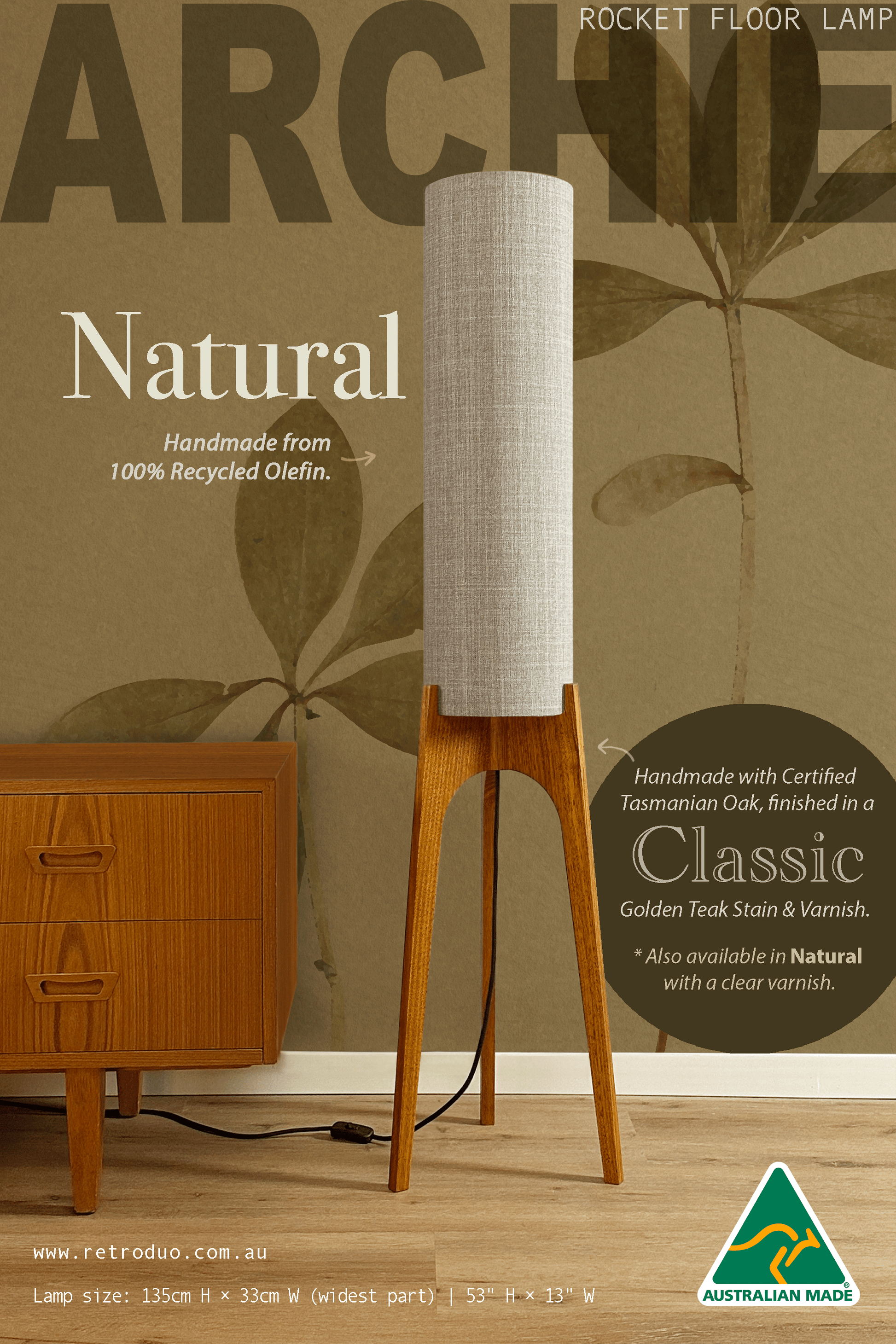 Natural - Recycled Fabric | Archie Rocket Floor Lamp - Mid - Century Modern inspired handmade Floor Lamp by Retro Duo.