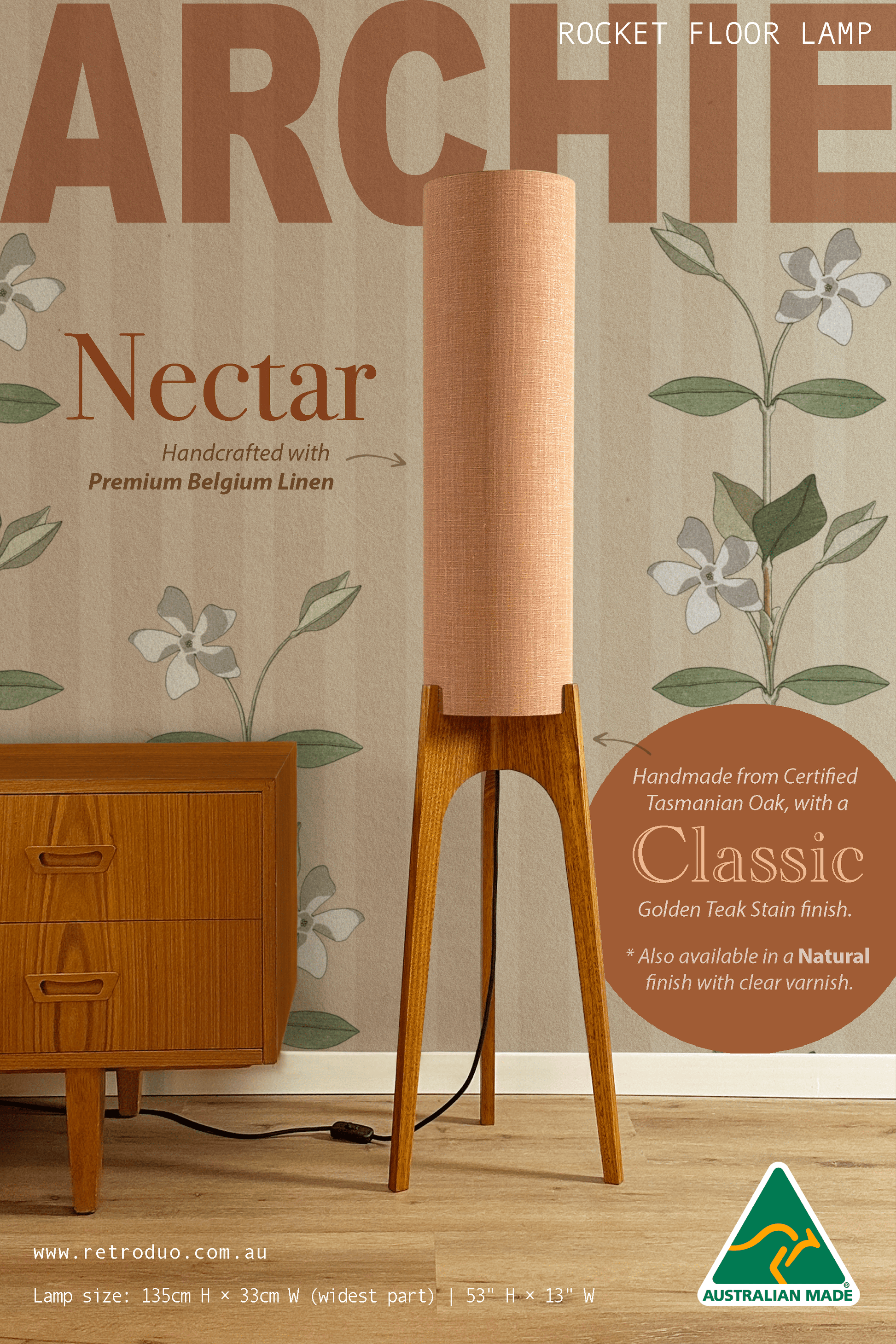 Nectar - Premium Linen | Archie Rocket Floor Lamp - Mid - Century Modern inspired handmade Floor Lamp by Retro Duo.