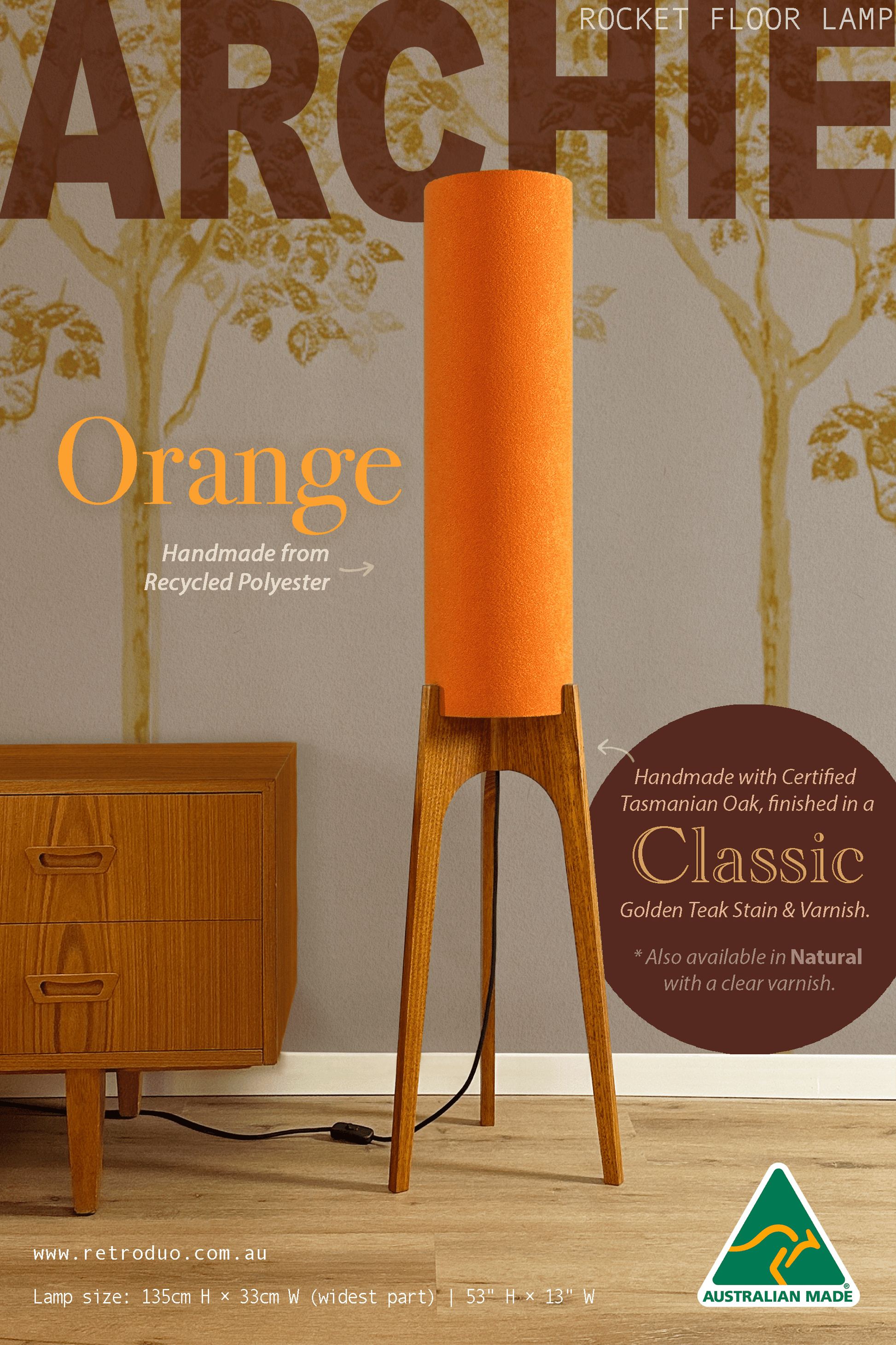 Orange - Recycled Fabric | Archie Rocket Floor Lamp - Mid - Century Modern inspired handmade Floor Lamp by Retro Duo.