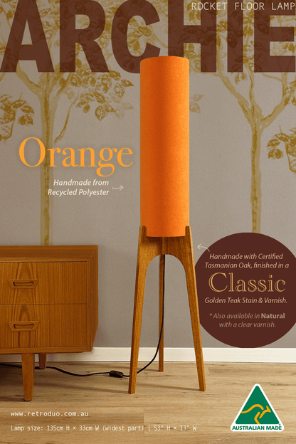 Orange - Recycled Fabric | Archie Rocket Floor Lamp - Mid - Century Modern inspired handmade Floor Lamp by Retro Duo.