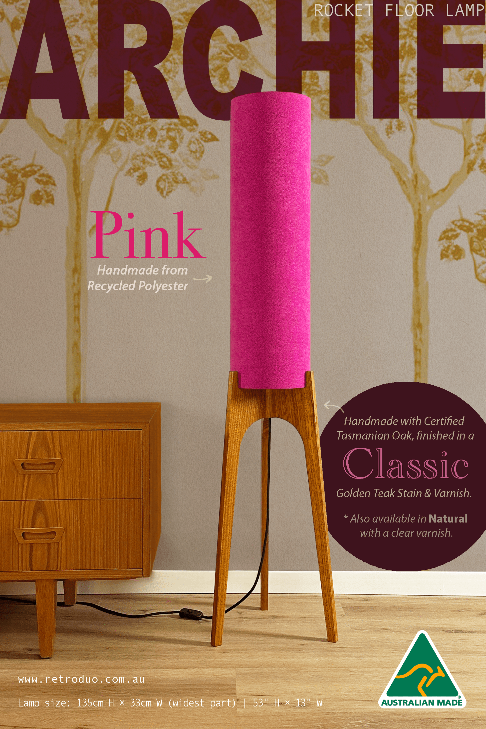 Pink - Recycled Fabric | Archie Rocket Floor Lamp - Mid - Century Modern inspired handmade Floor Lamp by Retro Duo.