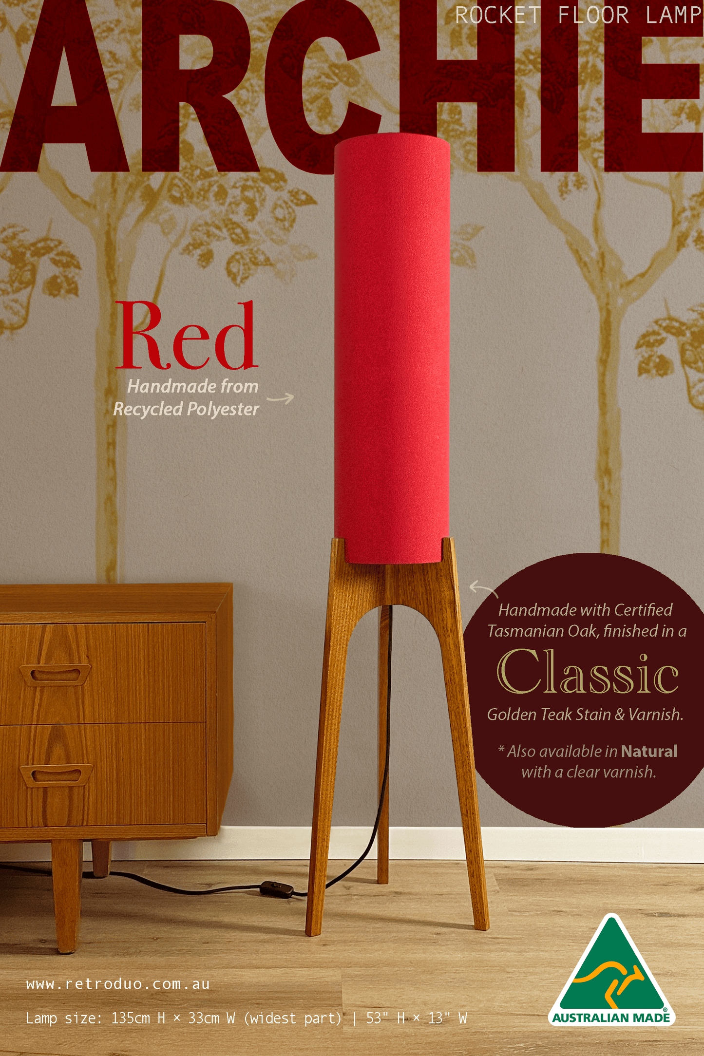Red - Recycled Fabric | Archie Rocket Floor Lamp - Mid - Century Modern inspired handmade Floor Lamp by Retro Duo.