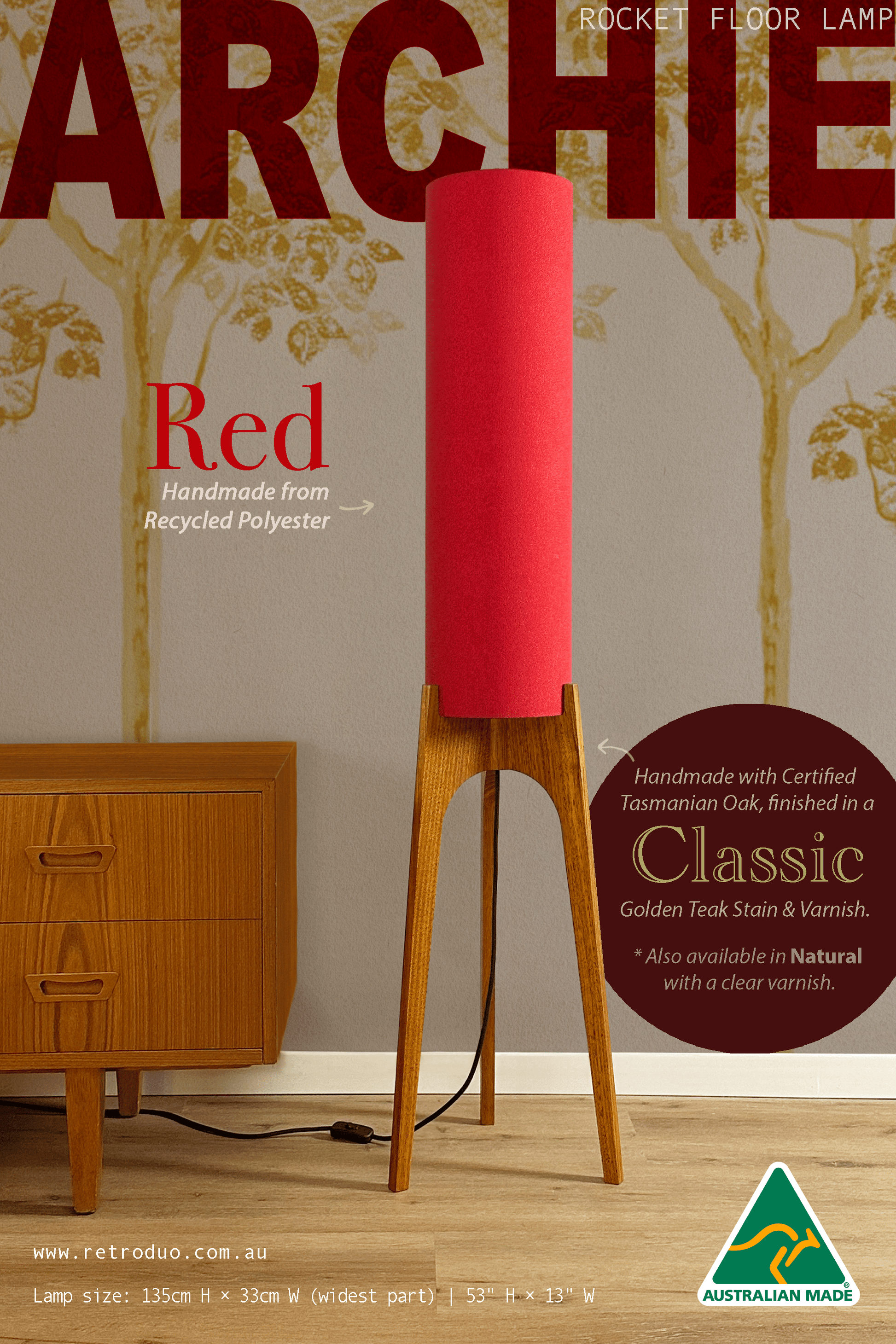 Red - Recycled Fabric | Archie Rocket Floor Lamp - Mid - Century Modern inspired handmade Floor Lamp by Retro Duo.