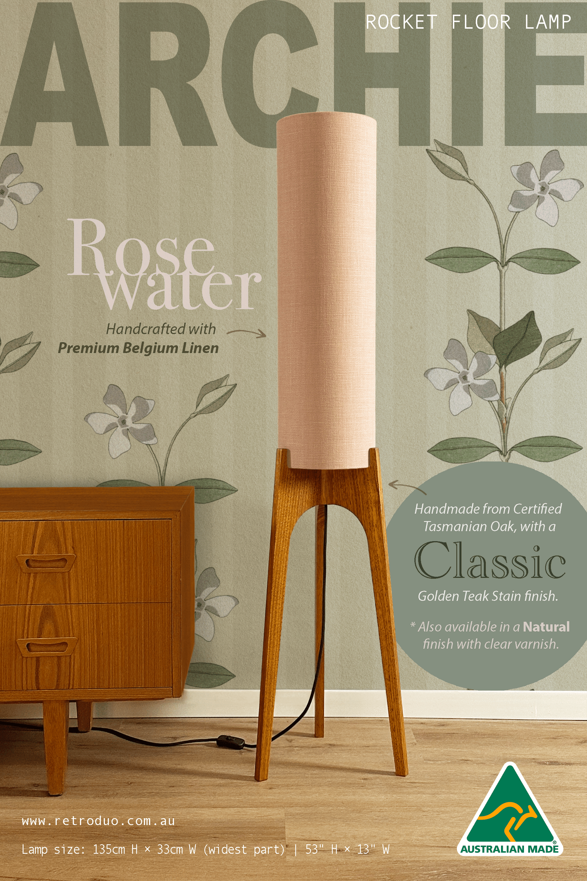 Rosewater - Premium Linen | Archie Rocket Floor Lamp - Mid - Century Modern inspired handmade Floor Lamp by Retro Duo.