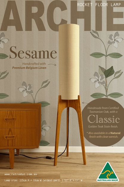 Sesame - Premium Linen | Archie Rocket Floor Lamp - Mid - Century Modern inspired handmade Floor Lamp by Retro Duo.