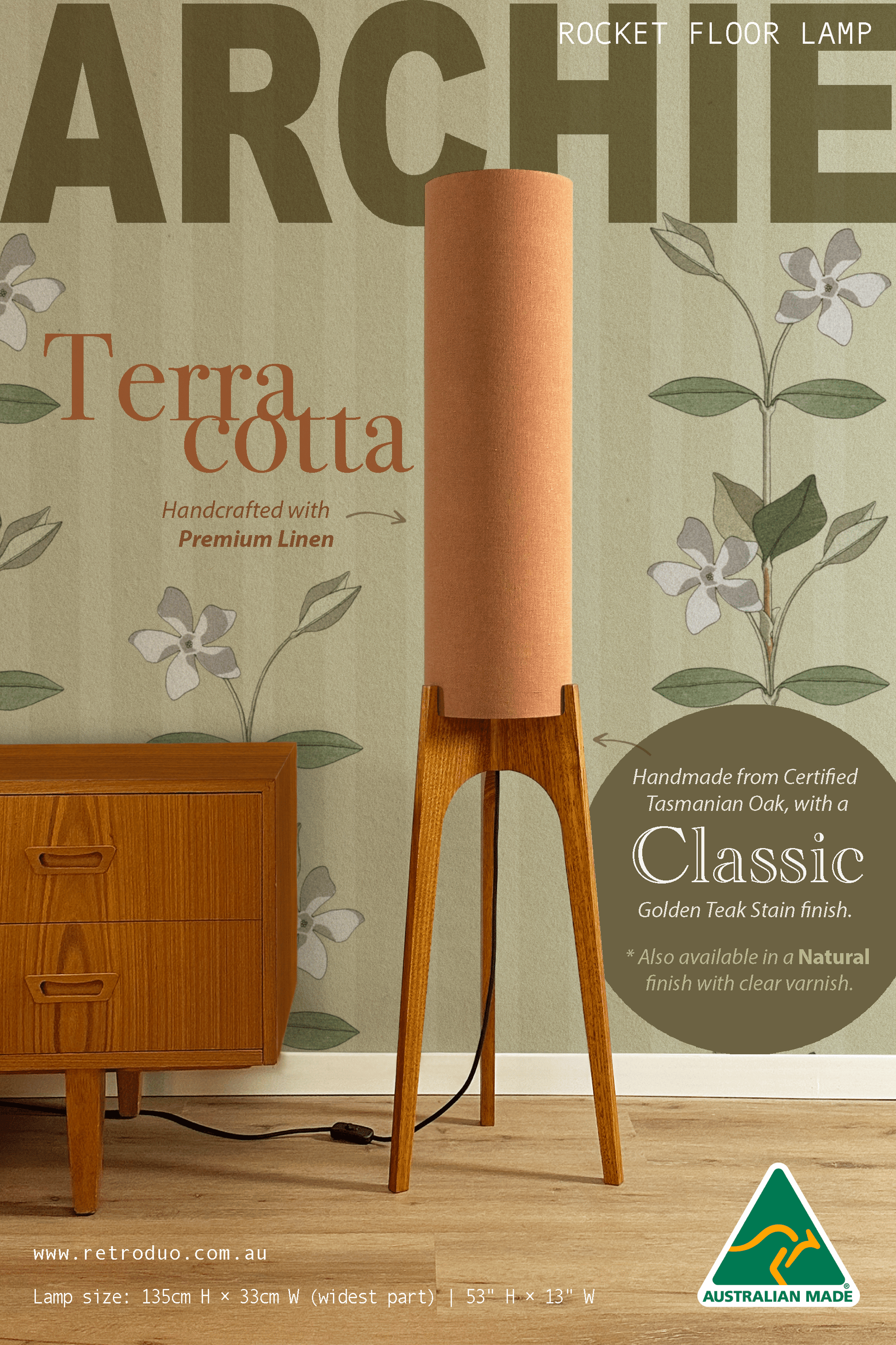 Terracotta - Premium Linen | Archie Rocket Floor Lamp - Mid - Century Modern inspired handmade Floor Lamp by Retro Duo.