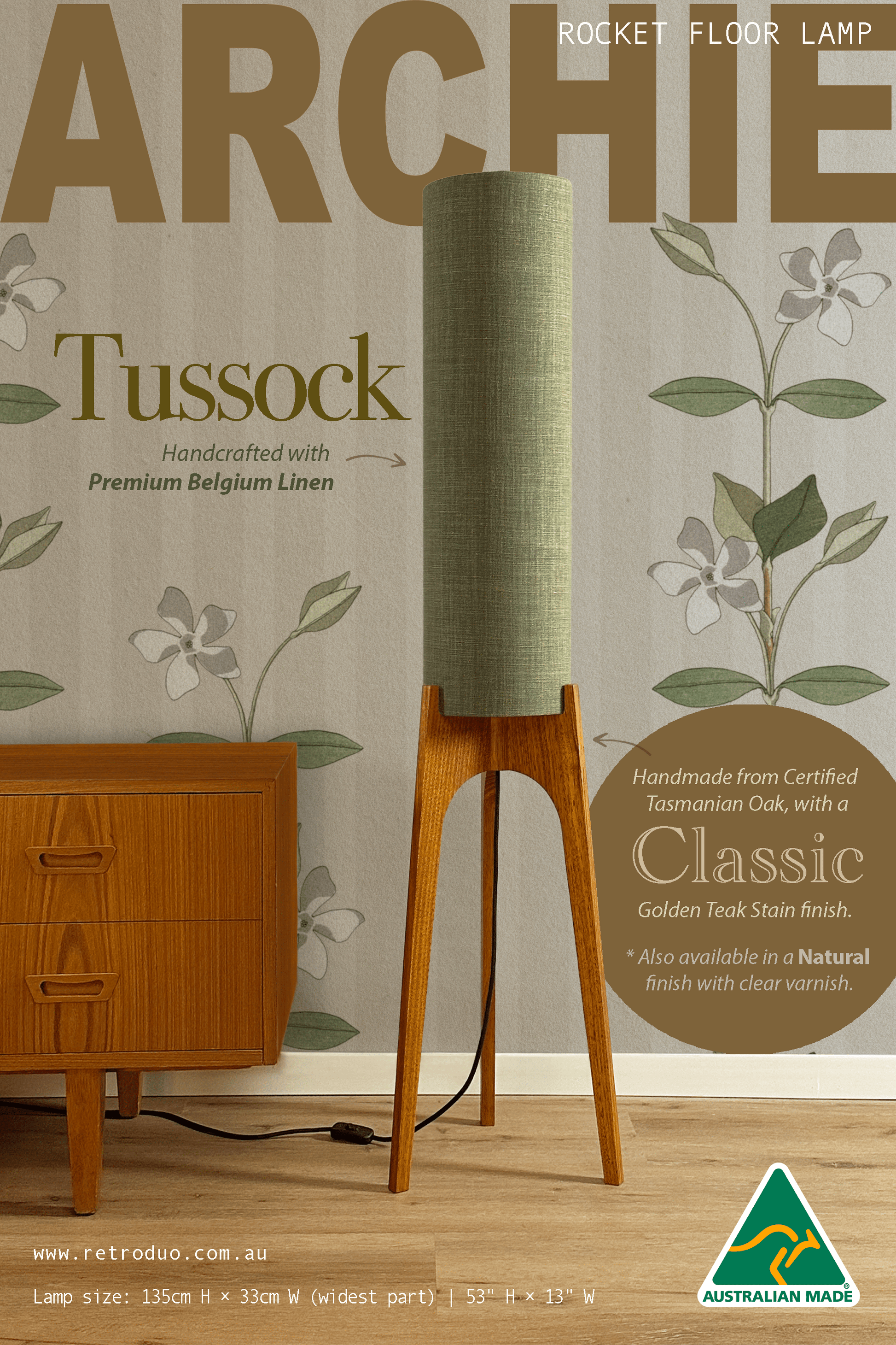 Tussock - Premium Linen | Archie Rocket Floor Lamp - Mid - Century Modern inspired handmade Floor Lamp by Retro Duo.