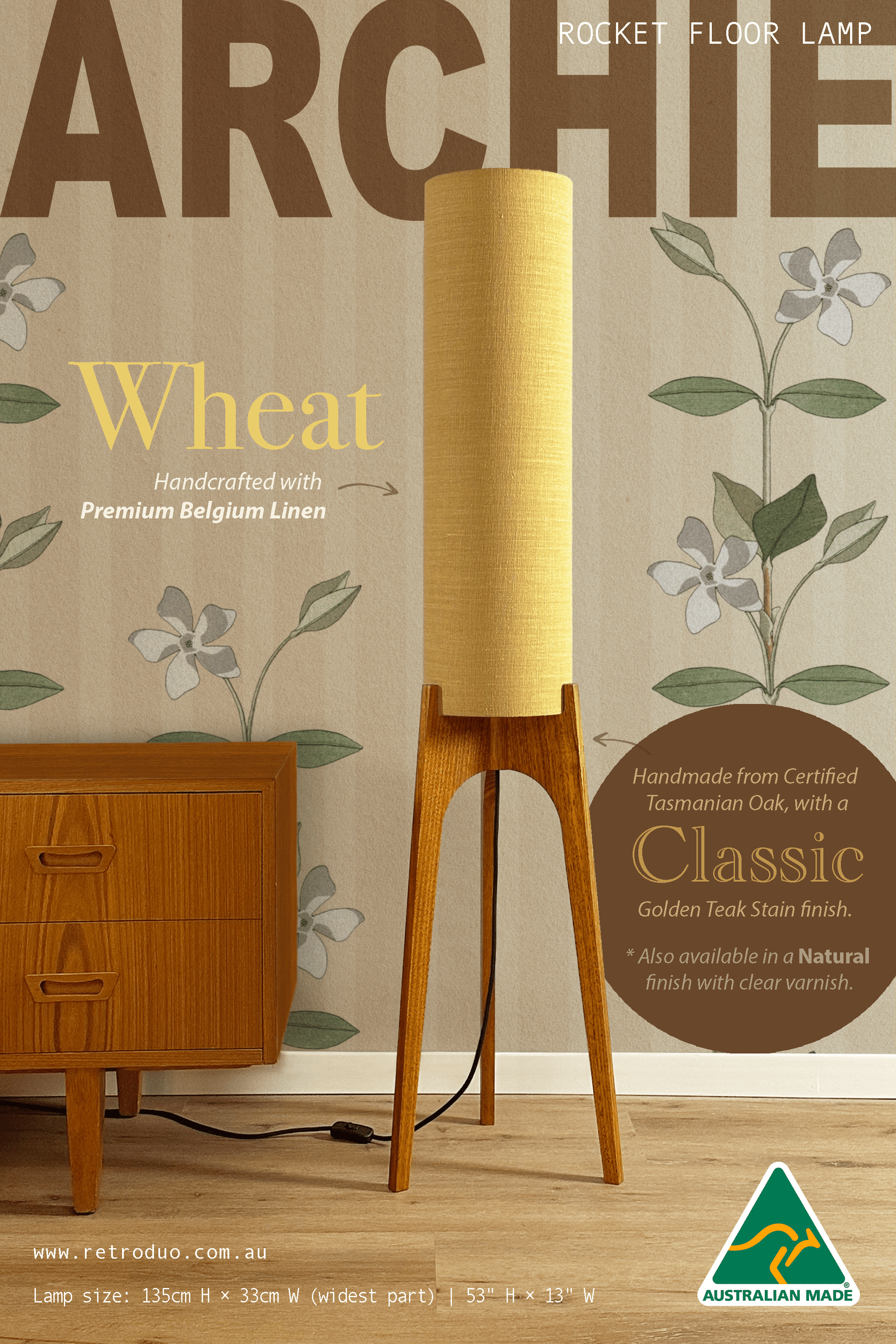 Wheat - Premium Linen | Archie Rocket Floor Lamp - Mid - Century Modern inspired handmade Floor Lamp by Retro Duo.